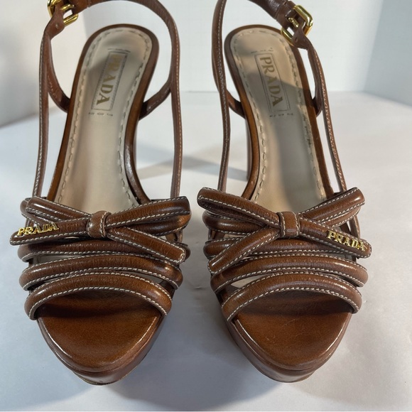 Prada Brown Leather Heeled Sling back Strappy Platform Sandals with bow 38 - Picture 2 of 13